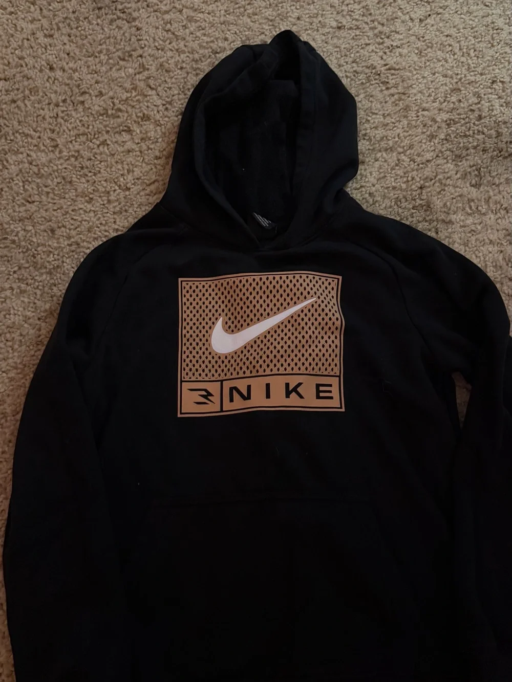 Nike Kids Youth Black Crewneck Hoodie with Tan Logo Panel
